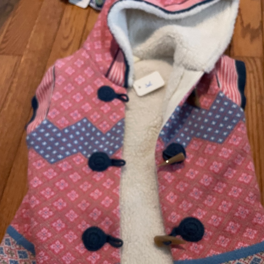 Fluffy pink and blue Matilda, Jane vest, size 6